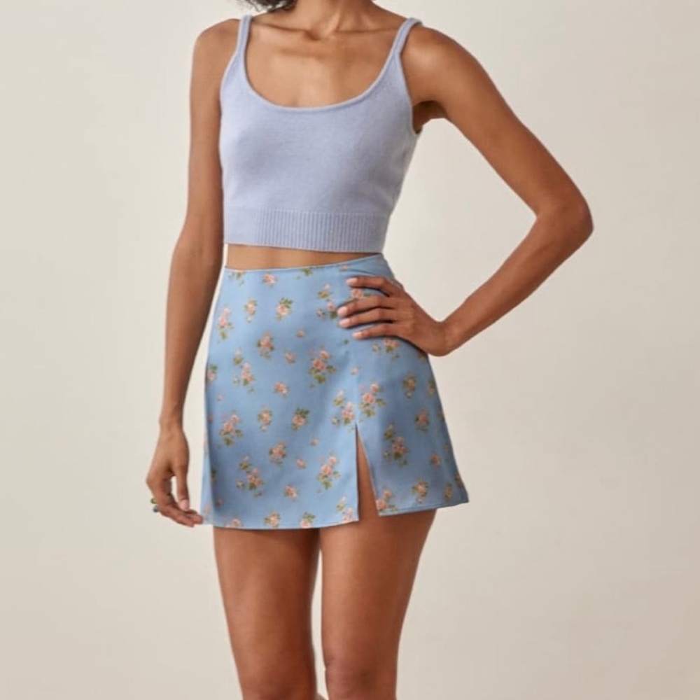 Reformation Blue Silk Floral Mini Skirt